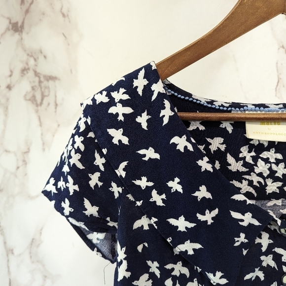 Anthropologie Top Women XS 0 Blue Bird Print Collar Crop Swallow Maeve - Picture 2 of 10